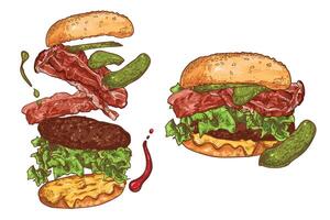 Line art hand drawn colored burger with bacon, pickles, lettuce, bread for menu design of a restaurant or pub. Ingredients are grouped separately. Flying separate ingredients on white background. vector
