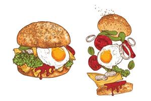Veggie burger line art hand drawn and colored. Burger with tomatoes, pickles, basil, lettuce, onion, vegan meat, egg. Ingredients are grouped separate. Flying ingredients on white background. vector