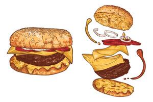 hand drawn cheese burger. Ingredients are grouped separate and are tomatoes, onions, cheese sauce, meat, crispy bub. Flying ingredients on white background vector