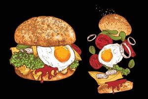 Veggie burger line art hand drawn and colored. Burger with tomatoes, pickles, basil, lettuce, onion, vegan meat, egg. Ingredients are grouped separate. Flying separate ingredients. vector