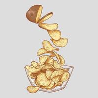 Line art hand drawn colored chips in a bowl from potato. Easy to edit and use in your design. vector