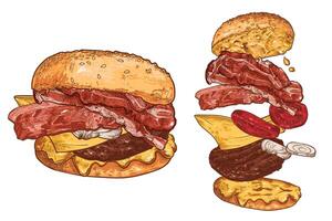 Bacon burger with minced meat, onion, mayo, ketchup, cheese, bacon and bread buns. Line art hand drawn monochrome burger. vector
