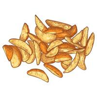 Hand drawn top view wedges. Tasty yellow orange crispy wedges with outline, fill, details in separate groups. The middle wedges are merged. This asset is ready to use and easy to edit. vector