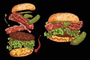 Line art hand drawn colored burger with bacon, pickles, lettuce, bread for menu design of a restaurant or pub. Ingredients are grouped separately. Flying separate ingredients on black background vector