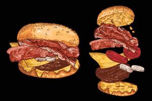 Bacon burger with minced meat, onion, mayo, ketchup, cheese, bacon and bread buns. Line art hand drawn and colored. Ingredients are grouped separately. Flying ingredients in black background. vector