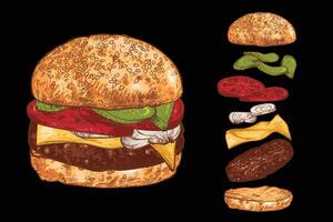 yummy burger line art hand drawn and colored with pickles, tomatoes, cheese, onions, mayo, ketchup, bread bun and meat. Ingredients are grouped separate. Flying separate ingredients. vector