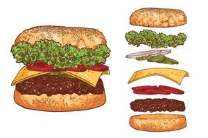 ham burger line art hand drawn fast food with lettuce, cucumber, cheese, onion, minced meat, bread bun. Flying separate ingredients on white background. vector