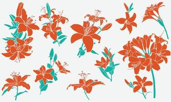 Hand drawn colored tiger lilies. Summer flowers drawn with fills only, no stroke or outlines, in blood orange and fresh green. Easy to edit, assets in different groups. vector