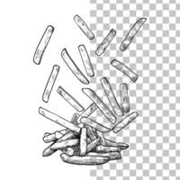 Hand drawn side view french fries. Tasty crispy fries with black outline, no fill, and fine details. This asset is ready to use and easy to edit. vector