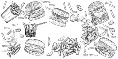 Burgers, fries and wedges with lettuce, meat, bread bun, cheese, egg, bacon banner design, Hand drawn food on white background. Easy to edit and use in your design. vector