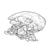 Hand drawn outline kepab. Yummy food with healthy ingredients such as tomato, cucumber, meat, bread. Outline easy to adapt and use in print and online designs. vector