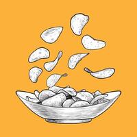 Hand drawn side view chips in a bowl. Crisps with black outline, white fill in separate groups on orange background. This asset is ready to use and easy to edit. vector