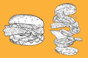 Bacon burger with minced meat, onion, mayo, ketchup, cheese, bacon and bread buns. Line art hand drawn and colored. Ingredients are grouped separately. vector