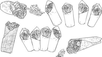 Hand drawn outline shawarma. Yummy food with healthy ingredients such as tomato, cucumber, meat, bread. Outline easy to adapt and use in print and online designs. vector