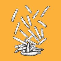 Hand drawn side view french fries. Tasty crispy fries with black outline, white fill in separate groups on orange background. This asset is ready to use and easy to edit. vector