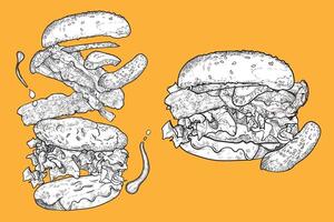 line art hand drawn and colored burger with bacon, pickles, lettuce, bacon, bread for menu design of a restaurant or pub. Ingredients are grouped separately. vector