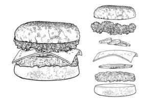 ham burger line art hand drawn fast food with lettuce, cucumber, cheese, onion, minced meat, bread bun. vector