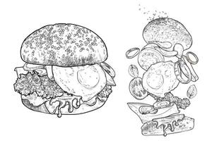Veggie burger line art hand drawn. Black on white background with tomatoes, pickles, basil, lettuce, onion, vegan meat, egg. vector