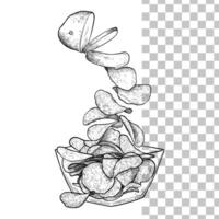 Hand drawn side view crisps from potato to bowl. Crunchy chips with black outline, no fill, and fine details. This asset is ready to use and easy to edit. vector