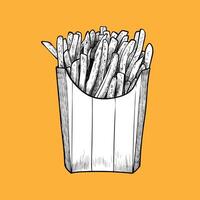 Hand drawn side view french fries. Crispy fries in a striped box with black outline, white fill in separate groups on orange background. This asset is ready to use and easy to edit. vector
