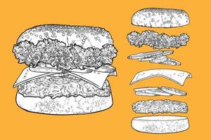 hamburger line art hand drawn and colored fast food with lettuce, pickled cucumber, cheese, onion, minced meat, bread bun. Ingredients are grouped separately. vector