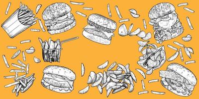 Burgers, fries and wedges with lettuce, meat, bread bun, cheese, egg, bacon banner design, Hand drawn food on yellow background. Easy to edit and use in your design. vector