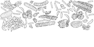 Hand drawn outline grilled meat and fries. Food background, outline easy to adapt and use in print and online designs. vector