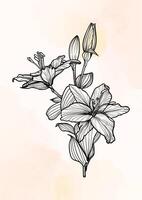 Save the date Tiger Lily line art A4 format. Elegant design in black over beige background with hand drawn tiger lily flowers. design easy to edit ready to be used. vector