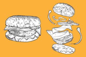 hand drawn cheese burger. Ingredients are grouped separate and are tomatoes, onions, cheese sauce, meat, crispy bub. Black outline and white fill cheeseburger on yellow background vector