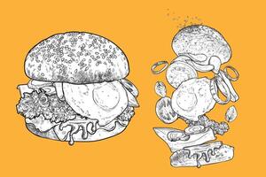Veggie burger line art hand drawn with black outline and white fill on orange background. Burger with tomatoes, pickles, basil, lettuce, onion, vegan meat, egg. Ingredients are grouped separate vector