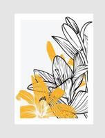 A4 poster with back and yellow Tiger Lily flower. Hand drawn summer flower with outlines and flat fills in separate groups. vector