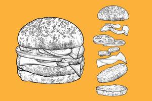 yummy burger line art hand drawn and colored with pickles, tomatoes, cheese, onions, mayo, ketchup, bread bun and meat. Ingredients are grouped separate. vector