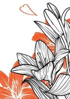 Hello Summer A4 poster design with line art tiger lily flowers. illustration with outline and flat fill with no outlines under it. vector