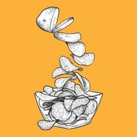 Hand drawn side view crisps from potato to bowl. Crunchy chips with black outline, white fill in separate groups on orange background. This asset is ready to use and easy to edit. vector