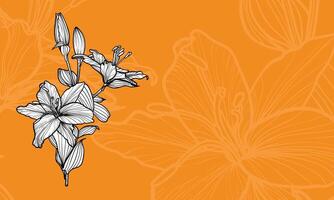 Hand drawn outline of tiger lily flowers with petals and leaves. Elegant black outline of a summer flower on an orange background. Easy to edit and ready to be used vector