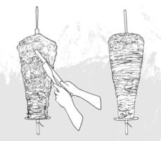 Hand drawn outline meat stands. Crispy meat for kebap, shawarma, sandiches. Outline easy to adapt and use in print and online designs. vector