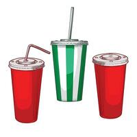 hand drawn tall paper cups with sodas. Cold beverages with red, green and white colors and straws. Drinks assets ready to use and easy to edit. vector
