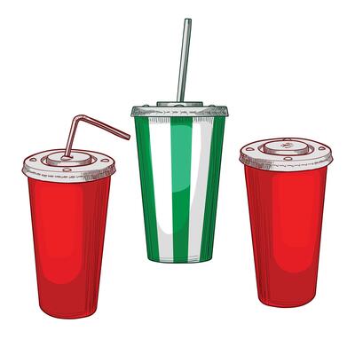 hand drawn tall paper cups with sodas. Cold beverages with red, green and white colors and straws. Drinks assets ready to use and easy to edit.