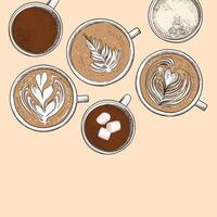 hand drawn warm and hot beverages. Top view lattes and milk chocolates with marshmallows. Drinks assets ready to use and easy to edit. vector
