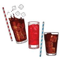 Hand drawn soda glasses with strawberry, berry soft drink, ice cubes, straw, sparkles. Easy to edit beverages. Drinks assets ready to use and easy to edit. vector