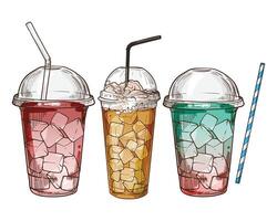 hand drawn beverages with ice cubes in plastic cup with lid and straws. Summer ice teas. Drinks assets ready to use and easy to edit. vector