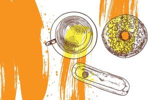 Hand drawn tea cup, doughnut and eclair. Outline and fill are grouped separate. Tea time banner design with top view cafe foods on a white and orange background with paint texture. vector