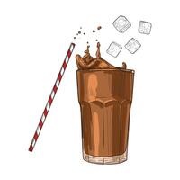 Milk chocolate beverage with a straw and ice cubes. hand drawn glass of milk chocolate. Drinks assets ready to use and easy to edit. vector
