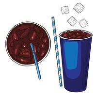 Hand drawn soda. Soft drink paper cup with ice cubes and straw. Top and side views of drinks assets ready to use and easy to edit. vector