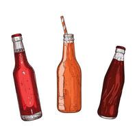 hand drawn cold beverage bottles. Bottle with straw and orange soda. Sparkling soda bottles. Easy to edit, ready to use. vector