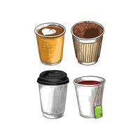 hand drawn paper cups with beverages such as tea, coffee, cappuccino. Heart on a foam. Drinks assets ready to use and easy to edit. vector