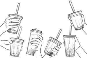 Hand drawn bubble tea graphic assets. Black outline of milk tea with tapioca pearls. Banner design for social media. Boba tea held in hands for menu design. vector