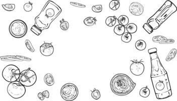 Hand drawn outline of tomatoes. Top and side view of these fresh vegetables isolated on white background. Easy to edit and ready to use assets for menu designs, both online and print. vector