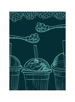 A4 turquoise and green bubble tea design template. Hand drawn boba teas with tapioca pearls and jelly. Bubble teas in glasses and plastic to-go cups. Ready to use, easy to edit graphic resource vector