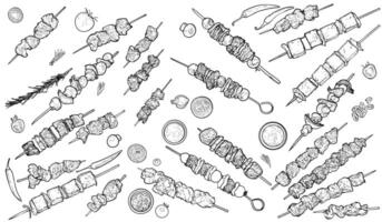 Hand drawn of yummy and fresh skewers. Barbecue outline food assets easy to edit and ready to use. Crispy meat like chicken, lamb, beef with vegetables. Black line art on white background vector